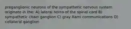 preganglionic neurons of the sympathetic nervous system originate in the: A) lateral horns of the spinal cord B) sympathetic chain ganglion C) gray Rami communications D) collateral ganglion