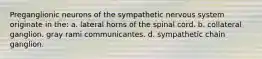 Preganglionic neurons of the sympathetic nervous system originate in the: a. lateral horns of the spinal cord. b. collateral ganglion. gray rami communicantes. d. sympathetic chain ganglion.