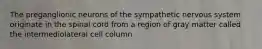 The preganglionic neurons of the sympathetic nervous system originate in the spinal cord from a region of gray matter called the intermediolateral cell column