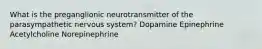 What is the preganglionic neurotransmitter of the parasympathetic nervous system? Dopamine Epinephrine Acetylcholine Norepinephrine