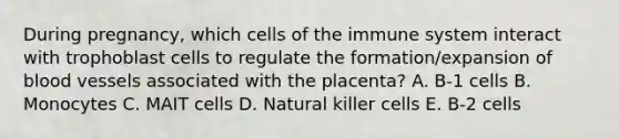 During pregnancy, which cells of the immune system interact with trophoblast cells to regulate the formation/expansion of blood vessels associated with the placenta? A. B-1 cells B. Monocytes C. MAIT cells D. Natural killer cells E. B-2 cells