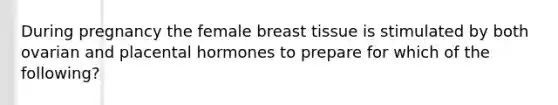 During pregnancy the female breast tissue is stimulated by both ovarian and placental hormones to prepare for which of the following?