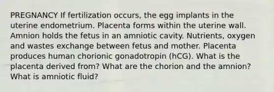 PREGNANCY If fertilization occurs, the egg implants in the uterine endometrium. Placenta forms within the uterine wall. Amnion holds the fetus in an amniotic cavity. Nutrients, oxygen and wastes exchange between fetus and mother. Placenta produces human chorionic gonadotropin (hCG). What is the placenta derived from? What are the chorion and the amnion? What is amniotic fluid?