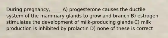 During pregnancy, ____ A) progesterone causes the ductile system of the mammary glands to grow and branch B) estrogen stimulates the development of milk-producing glands C) milk production is inhibited by prolactin D) none of these is correct