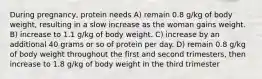 During pregnancy, protein needs A) remain 0.8 g/kg of body weight, resulting in a slow increase as the woman gains weight. B) increase to 1.1 g/kg of body weight. C) increase by an additional 40 grams or so of protein per day. D) remain 0.8 g/kg of body weight throughout the first and second trimesters, then increase to 1.8 g/kg of body weight in the third trimester