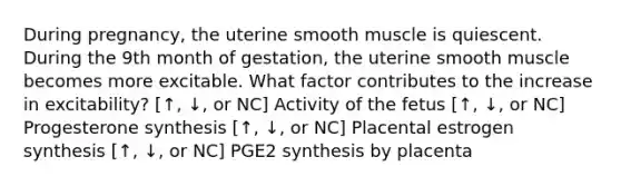 During pregnancy, the uterine smooth muscle is quiescent. During the 9th month of gestation, the uterine smooth muscle becomes more excitable. What factor contributes to the increase in excitability? [↑, ↓, or NC] Activity of the fetus [↑, ↓, or NC] Progesterone synthesis [↑, ↓, or NC] Placental estrogen synthesis [↑, ↓, or NC] PGE2 synthesis by placenta