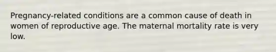 Pregnancy-related conditions are a common cause of death in women of reproductive age. The maternal mortality rate is very low.