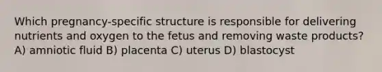 Which pregnancy-specific structure is responsible for delivering nutrients and oxygen to the fetus and removing waste products? A) amniotic fluid B) placenta C) uterus D) blastocyst