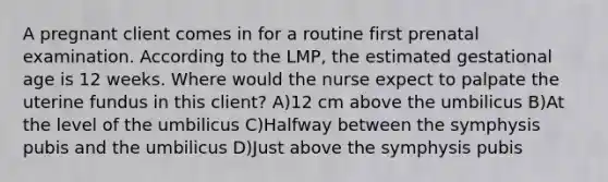 A pregnant client comes in for a routine first prenatal examination. According to the LMP, the estimated gestational age is 12 weeks. Where would the nurse expect to palpate the uterine fundus in this client? A)12 cm above the umbilicus B)At the level of the umbilicus C)Halfway between the symphysis pubis and the umbilicus D)Just above the symphysis pubis