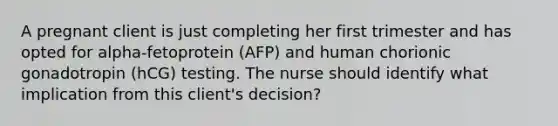 A pregnant client is just completing her first trimester and has opted for alpha-fetoprotein (AFP) and human chorionic gonadotropin (hCG) testing. The nurse should identify what implication from this client's decision?