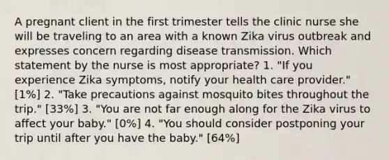 A pregnant client in the first trimester tells the clinic nurse she will be traveling to an area with a known Zika virus outbreak and expresses concern regarding disease transmission. Which statement by the nurse is most appropriate? 1. "If you experience Zika symptoms, notify your health care provider." [1%] 2. "Take precautions against mosquito bites throughout the trip." [33%] 3. "You are not far enough along for the Zika virus to affect your baby." [0%] 4. "You should consider postponing your trip until after you have the baby." [64%]