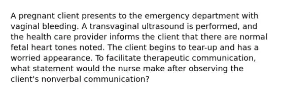 A pregnant client presents to the emergency department with vaginal bleeding. A transvaginal ultrasound is performed, and the health care provider informs the client that there are normal fetal heart tones noted. The client begins to tear-up and has a worried appearance. To facilitate therapeutic communication, what statement would the nurse make after observing the client's nonverbal communication?