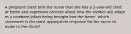 A pregnant client tells the nurse that she has a 2-year-old child at home and expresses concern about how the toddler will adapt to a newborn infant being brought into the home. Which statement is the most appropriate response for the nurse to make to the client?