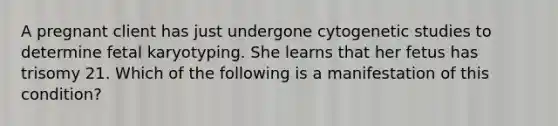 A pregnant client has just undergone cytogenetic studies to determine fetal karyotyping. She learns that her fetus has trisomy 21. Which of the following is a manifestation of this condition?