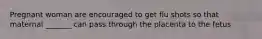 Pregnant woman are encouraged to get flu shots so that maternal _______ can pass through the placenta to the fetus