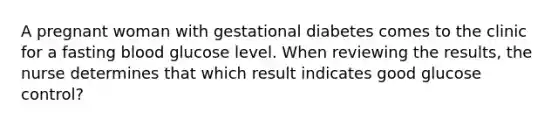 A pregnant woman with gestational diabetes comes to the clinic for a fasting blood glucose level. When reviewing the results, the nurse determines that which result indicates good glucose control?