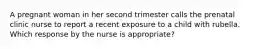 A pregnant woman in her second trimester calls the prenatal clinic nurse to report a recent exposure to a child with rubella. Which response by the nurse is appropriate?