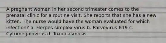 A pregnant woman in her second trimester comes to the prenatal clinic for a routine visit. She reports that she has a new kitten. The nurse would have the woman evaluated for which infection? a. Herpes simplex virus b. Parvovirus B19 c. Cytomegalovirus d. Toxoplasmosis