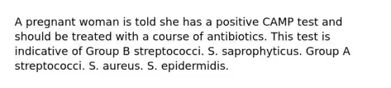 A pregnant woman is told she has a positive CAMP test and should be treated with a course of antibiotics. This test is indicative of Group B streptococci. S. saprophyticus. Group A streptococci. S. aureus. S. epidermidis.