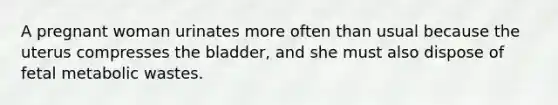 A pregnant woman urinates more often than usual because the uterus compresses the bladder, and she must also dispose of fetal metabolic wastes.