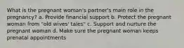 What is the pregnant woman's partner's main role in the pregnancy? a. Provide financial support b. Protect the pregnant woman from "old wives' tales" c. Support and nurture the pregnant woman d. Make sure the pregnant woman keeps prenatal appointments