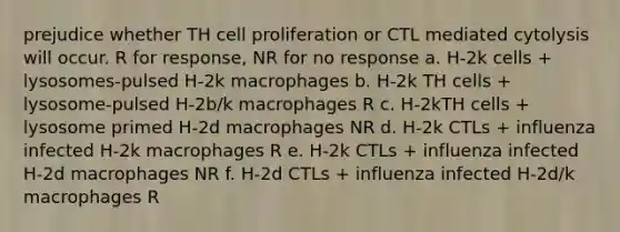 prejudice whether TH cell proliferation or CTL mediated cytolysis will occur. R for response, NR for no response a. H-2k cells + lysosomes-pulsed H-2k macrophages b. H-2k TH cells + lysosome-pulsed H-2b/k macrophages R c. H-2kTH cells + lysosome primed H-2d macrophages NR d. H-2k CTLs + influenza infected H-2k macrophages R e. H-2k CTLs + influenza infected H-2d macrophages NR f. H-2d CTLs + influenza infected H-2d/k macrophages R