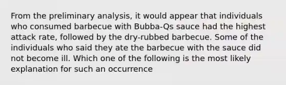 From the preliminary analysis, it would appear that individuals who consumed barbecue with Bubba-Qs sauce had the highest attack rate, followed by the dry-rubbed barbecue. Some of the individuals who said they ate the barbecue with the sauce did not become ill. Which one of the following is the most likely explanation for such an occurrence