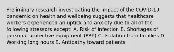 Preliminary research investigating the impact of the COVID-19 pandemic on health and wellbeing suggests that healthcare workers experienced an uptick and anxiety due to all of the following stressors except: A. Risk of infection B. Shortages of personal protective equipment (PPE) C. Isolation from families D. Working long hours E. Antipathy toward patients