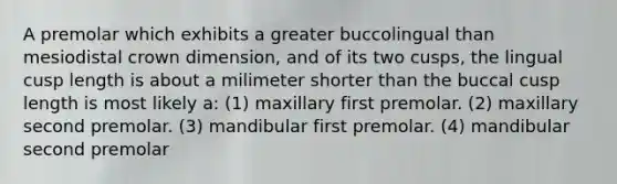 A premolar which exhibits a greater buccolingual than mesiodistal crown dimension, and of its two cusps, the lingual cusp length is about a milimeter shorter than the buccal cusp length is most likely a: (1) maxillary first premolar. (2) maxillary second premolar. (3) mandibular first premolar. (4) mandibular second premolar