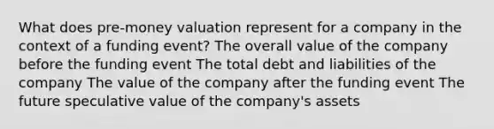 What does pre-money valuation represent for a company in the context of a funding event? The overall value of the company before the funding event The total debt and liabilities of the company The value of the company after the funding event The future speculative value of the company's assets