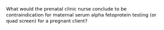 What would the prenatal clinic nurse conclude to be contraindication for maternal serum alpha fetoprotein testing (or quad screen) for a pregnant client?