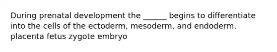 During prenatal development the ______ begins to differentiate into the cells of the ectoderm, mesoderm, and endoderm. placenta fetus zygote embryo