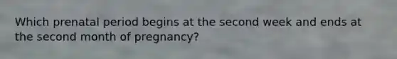 Which prenatal period begins at the second week and ends at the second month of pregnancy?