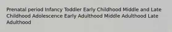 Prenatal period Infancy Toddler Early Childhood Middle and Late Childhood Adolescence Early Adulthood Middle Adulthood Late Adulthood