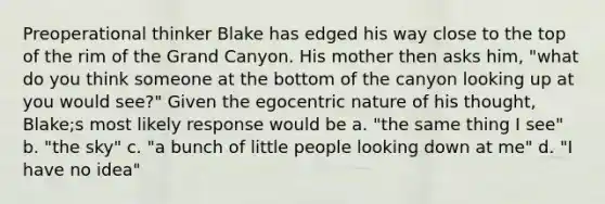 Preoperational thinker Blake has edged his way close to the top of the rim of the Grand Canyon. His mother then asks him, "what do you think someone at the bottom of the canyon looking up at you would see?" Given the egocentric nature of his thought, Blake;s most likely response would be a. "the same thing I see" b. "the sky" c. "a bunch of little people looking down at me" d. "I have no idea"