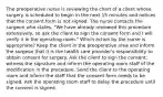 The preoperative nurse is reviewing the chart of a client whose surgery is scheduled to begin in the next 15 minutes and notices that the consent form is not signed. The nurse contacts the surgeon who states, "We have already reviewed this procedure extensively, so ask the client to sign the consent form and I will verify it in the operating room." Which action by the nurse is appropriate? Keep the client in the preoperative area and inform the surgeon that it is the health care provider's responsibility to obtain consent for surgery. Ask the client to sign the consent; witness the signature and inform the operating room staff of the modification in the procedure. Send the client to the operating room and inform the staff that the consent form needs to be signed. Ask the operating room staff to delay the procedure until the consent is signed.