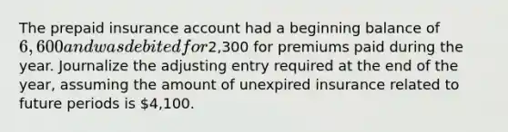 The prepaid insurance account had a beginning balance of 6,600 and was debited for2,300 for premiums paid during the year. Journalize the adjusting entry required at the end of the year, assuming the amount of unexpired insurance related to future periods is 4,100.