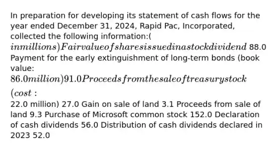 In preparation for developing its statement of cash flows for the year ended December 31, 2024, Rapid Pac, Incorporated, collected the following information:(in millions) Fair value of shares issued in a stock dividend 88.0 Payment for the early extinguishment of long-term bonds (book value: 86.0 million) 91.0 Proceeds from the sale of treasury stock (cost:22.0 million) 27.0 Gain on sale of land 3.1 Proceeds from sale of land 9.3 Purchase of Microsoft common stock 152.0 Declaration of cash dividends 56.0 Distribution of cash dividends declared in 2023 52.0