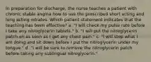 In preparation for discharge, the nurse teaches a patient with chronic stable angina how to use the prescribed short acting and long acting nitrates. Which patient statement indicates that the teaching has been effective? a. "I will check my pulse rate before I take any nitroglycerin tablets." b. "I will put the nitroglycerin patch on as soon as I get any chest pain." c. "I will stop what I am doing and sit down before I put the nitroglycerin under my tongue." d. "I will be sure to remove the nitroglycerin patch before taking any sublingual nitroglycerin."