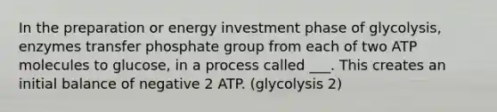 In the preparation or energy investment phase of glycolysis, enzymes transfer phosphate group from each of two ATP molecules to glucose, in a process called ___. This creates an initial balance of negative 2 ATP. (glycolysis 2)