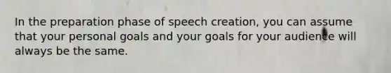 In the preparation phase of speech creation, you can assume that your personal goals and your goals for your audience will always be the same.