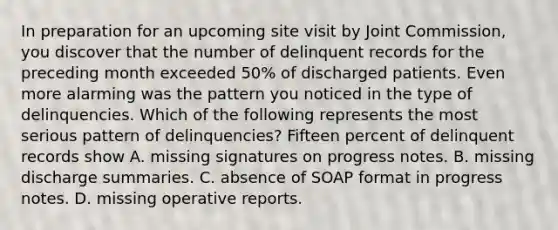 In preparation for an upcoming site visit by Joint Commission, you discover that the number of delinquent records for the preceding month exceeded 50% of discharged patients. Even more alarming was the pattern you noticed in the type of delinquencies. Which of the following represents the most serious pattern of delinquencies? Fifteen percent of delinquent records show A. missing signatures on progress notes. B. missing discharge summaries. C. absence of SOAP format in progress notes. D. missing operative reports.