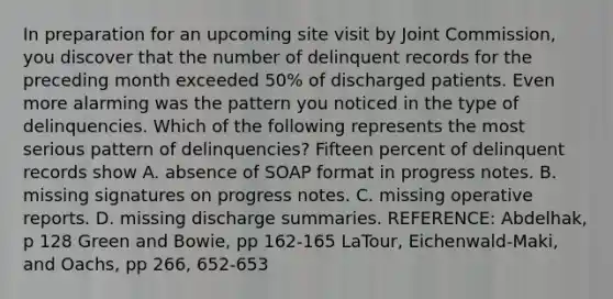 In preparation for an upcoming site visit by Joint Commission, you discover that the number of delinquent records for the preceding month exceeded 50% of discharged patients. Even more alarming was the pattern you noticed in the type of delinquencies. Which of the following represents the most serious pattern of delinquencies? Fifteen percent of delinquent records show A. absence of SOAP format in progress notes. B. missing signatures on progress notes. C. missing operative reports. D. missing discharge summaries. REFERENCE: Abdelhak, p 128 Green and Bowie, pp 162-165 LaTour, Eichenwald-Maki, and Oachs, pp 266, 652-653