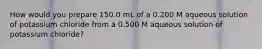 How would you prepare 150.0 mL of a 0.200 M aqueous solution of potassium chloride from a 0.500 M aqueous solution of potassium chloride?