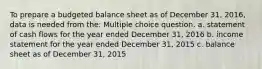 To prepare a budgeted balance sheet as of December 31, 2016, data is needed from the: Multiple choice question. a. statement of cash flows for the year ended December 31, 2016 b. income statement for the year ended December 31, 2015 c. balance sheet as of December 31, 2015