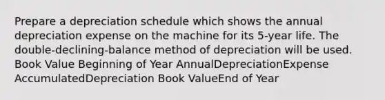 Prepare a depreciation schedule which shows the annual depreciation expense on the machine for its 5-year life. The double-declining-balance method of depreciation will be used. Book Value Beginning of Year AnnualDepreciationExpense AccumulatedDepreciation Book ValueEnd of Year