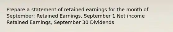 Prepare a statement of retained earnings for the month of September: Retained Earnings, September 1 Net income Retained Earnings, September 30 Dividends