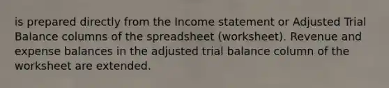 is prepared directly from the Income statement or Adjusted Trial Balance columns of the spreadsheet (worksheet). Revenue and expense balances in the adjusted trial balance column of the worksheet are extended.