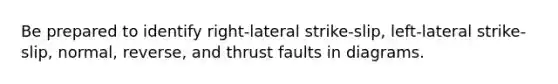 Be prepared to identify right-lateral strike-slip, left-lateral strike-slip, normal, reverse, and thrust faults in diagrams.