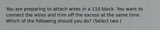 You are preparing to attach wires in a 110 block. You want to connect the wires and trim off the excess at the same time. Which of the following should you do? (Select two.)